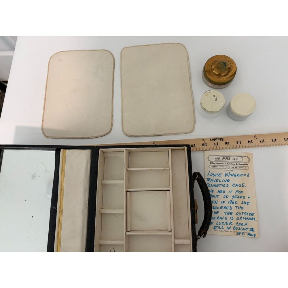 1960 vintage croc hard side make up case with jars, and mirror - no key